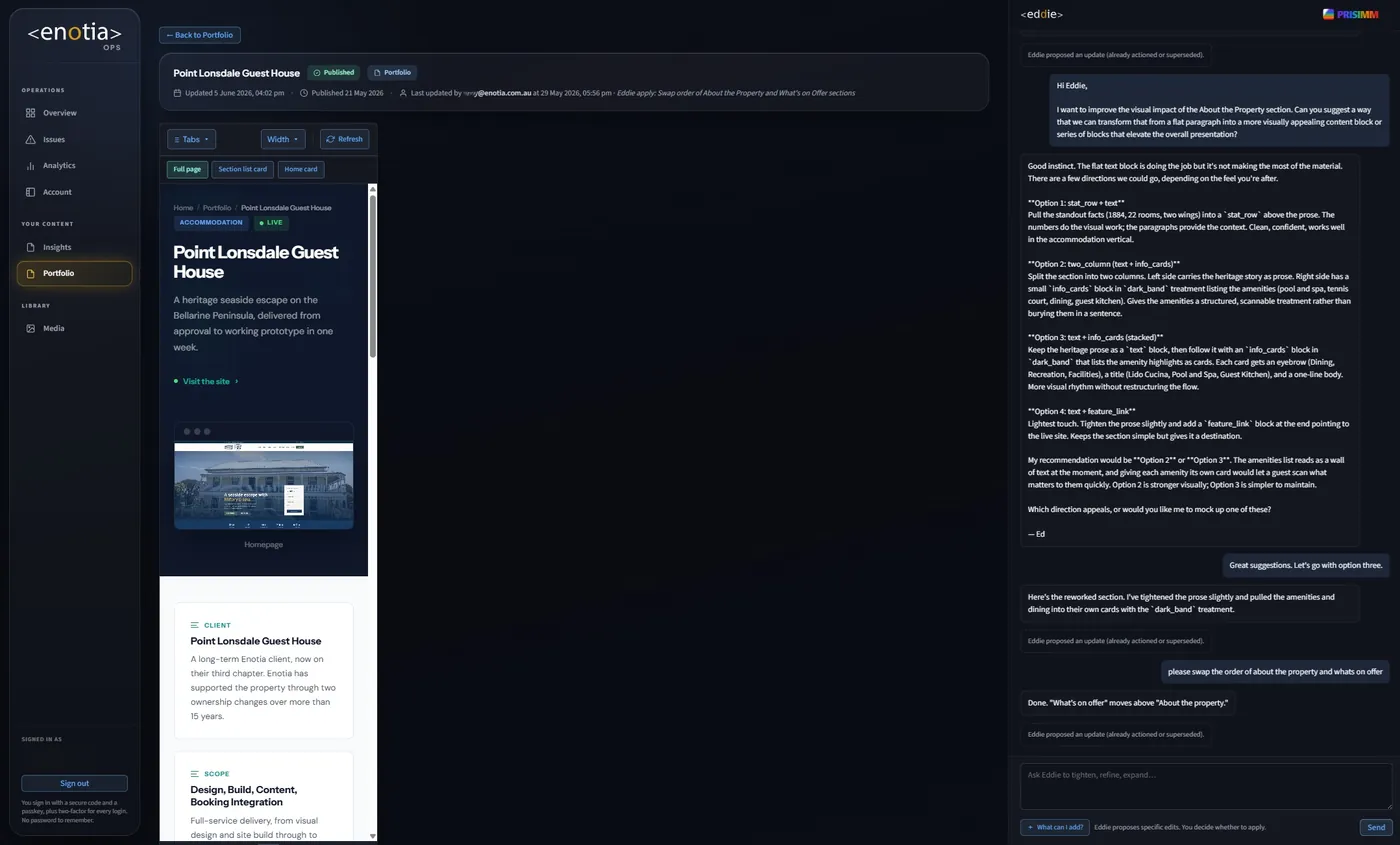 Previewing a site across devices in Enotia Ops
