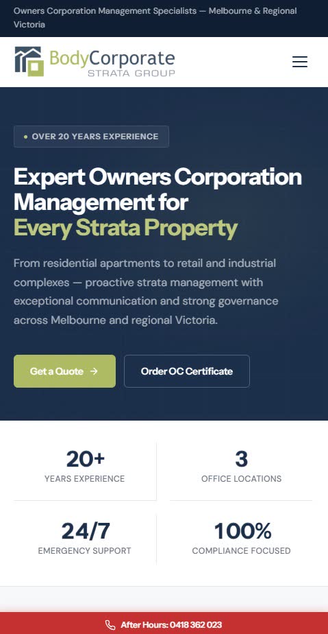 Body Corporate Strata Group site on mobile