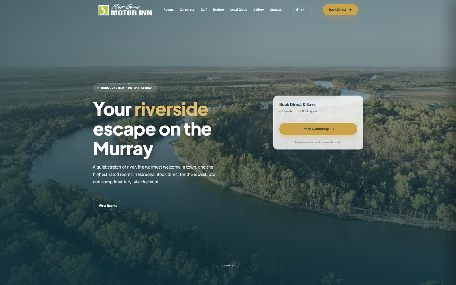 River Gums Motor Inn homepage on desktop